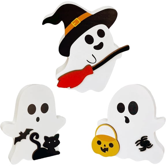 3 Pcs Halloween Ghost Decoration Desktop for Indoors, Spooky Decorations, Wooden Tiered Tray Decor Table Sign, Cute Ghost 3-piece Set Decoration, Pumpkin Blocks for Party Home Shelf Display (White)