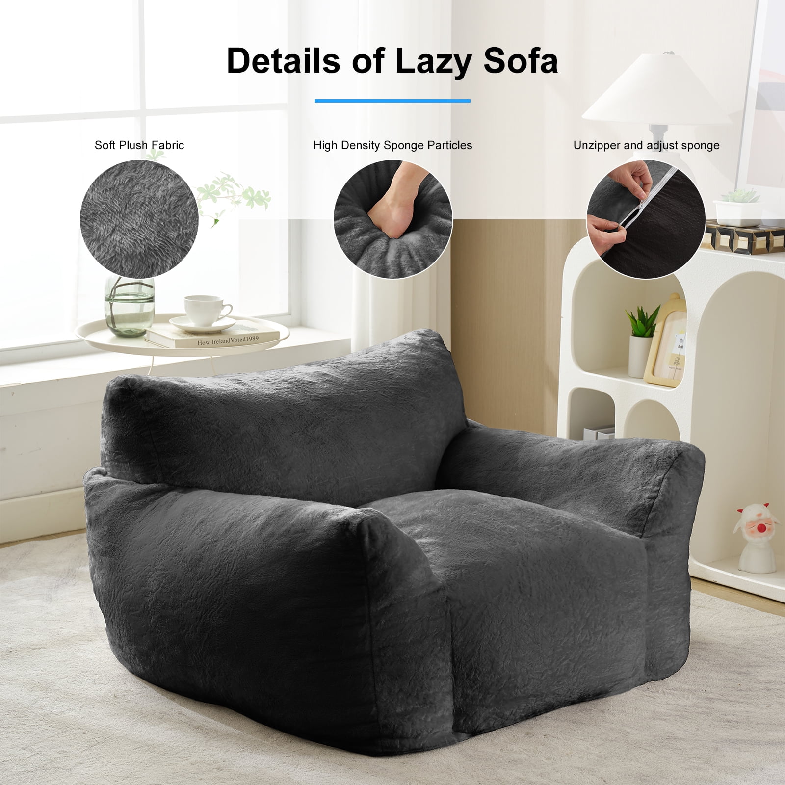 Puremind Bean Bag Chair for Kids and Adults, Oversized Bean Bag Couch with Ottoman, Faux Fur Lazy Sofa Chair for Living Room/Apartment/Bedroom, Light Gray