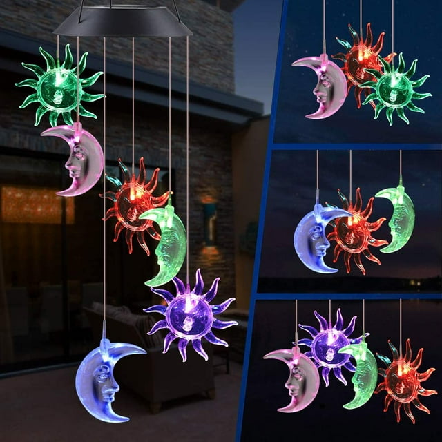 Solar Wind Chimes Solar Sun Moon Wind Chime Outdoor Decor Yard Decorations Solar Light Mobile,Memorial Wind Chimes