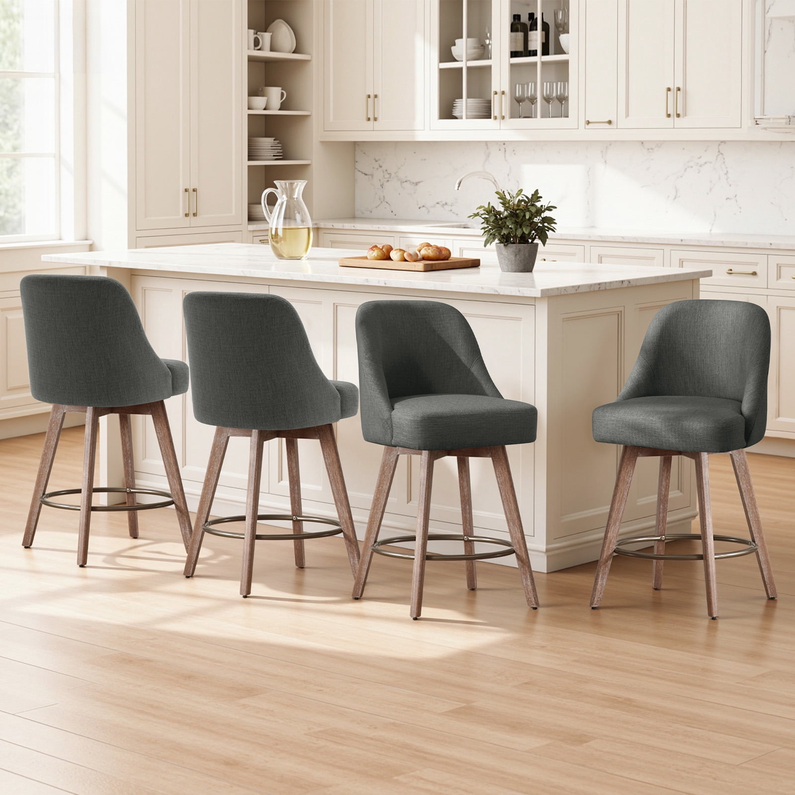 WOOW DEPOT 26" Swivel Bar Stools Large Seat Set of 2, Upholstered Linen Fabric w/ Mid-Back Wood Legs, Modern Armless Island Counter Barstools Kitchen Pub Chair, Gray