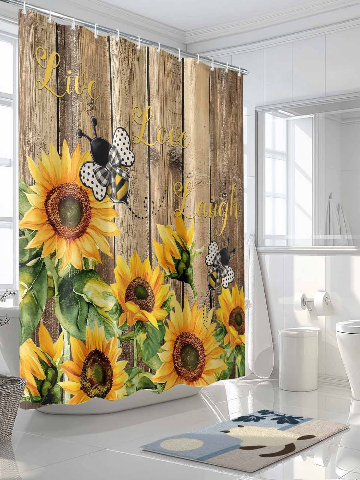 Farmhouse Sunflower Shower Curtain, Live Love Laugh Bathroom Decor Curtains Set with Hooks, Vintage Brown Wood Waterproof Fabric Home Accessories， 72 X 84 Inch Extra Long