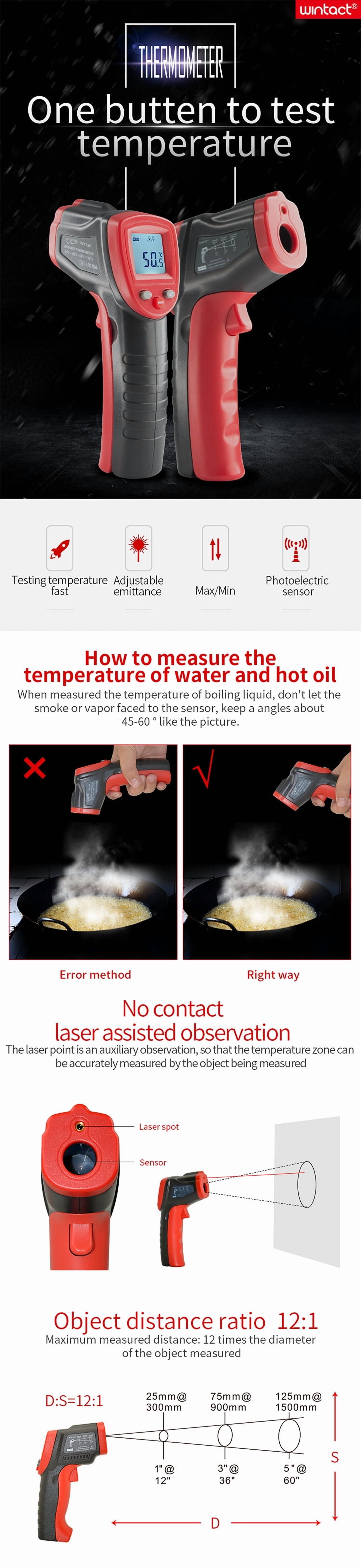 WT320 infrared thermometer detector high-precision industrial thermometer kitchen handheld oil temperature gun