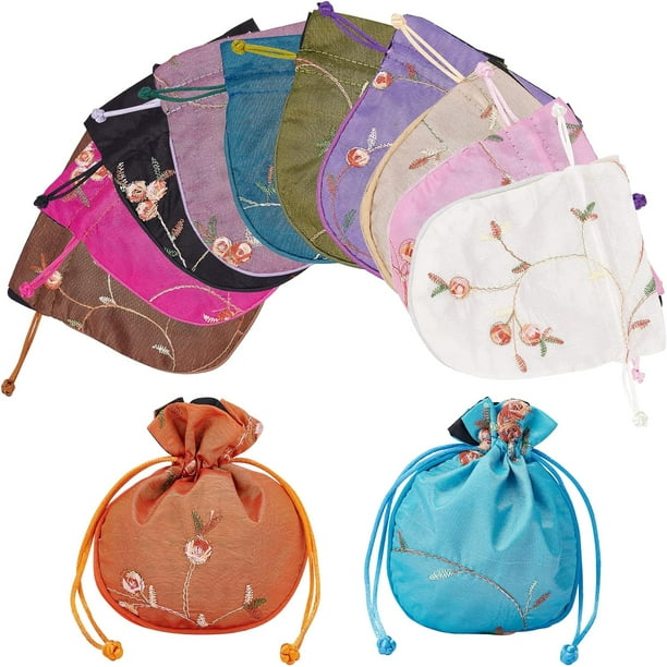12 bolsas de seda con cordón para joyería, de 4,7 x 5,5 pulgadas, con brocado bordado con flores, bolsas de seda chinas para joyería, bolsas para envolver regalos, bolsos.