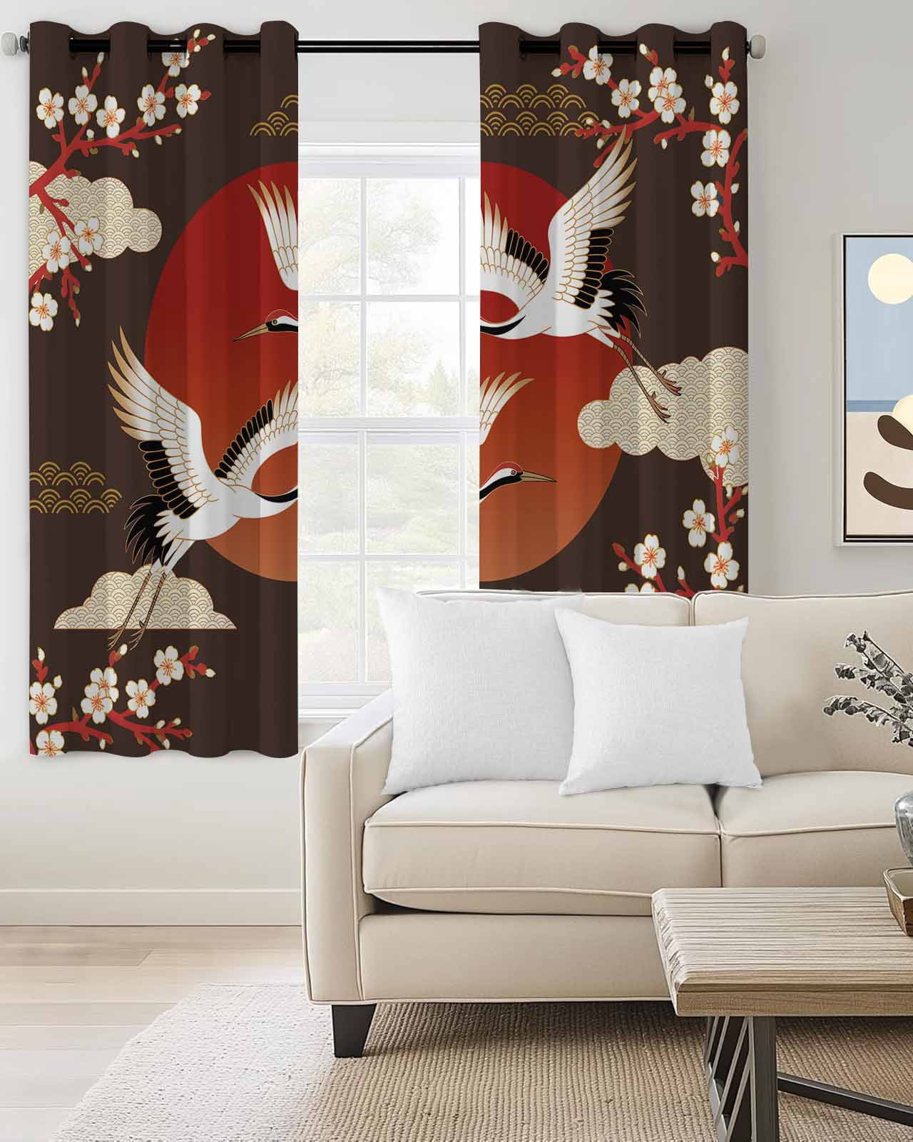 Japanese Style Blackout Curtains for Bedroom/Living Room, Thermal Insulated Kitchen Curtains, Modern Cranes Cherry Flower Wave Brown Grommet Darkening Window Treatment Drapes 52"x72"x2