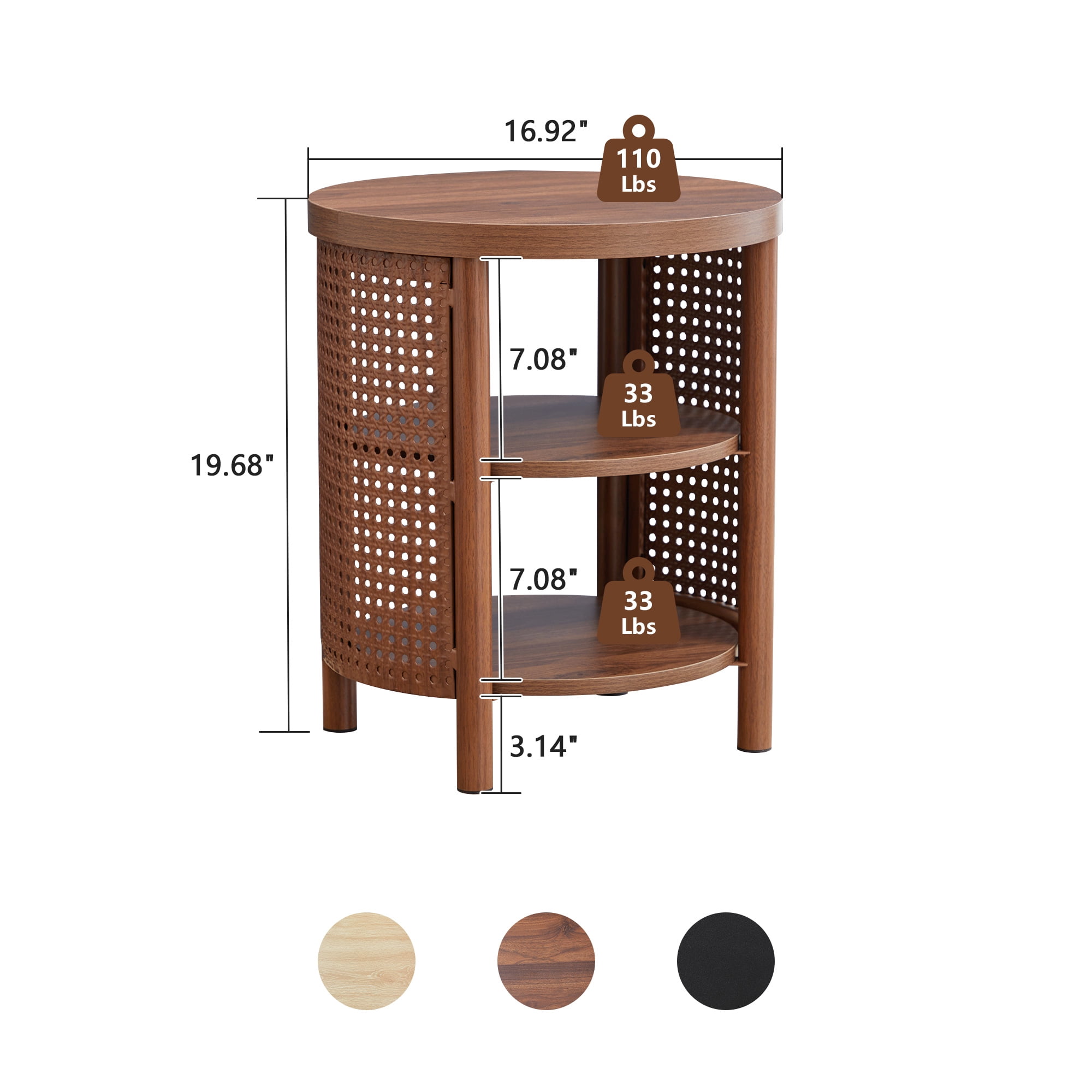YOCWO Small Round End Table Set of 2 with Open Storage for Small Space, 3 Tier Accent Table Side Table with Iron Rattan Decor, Walnut