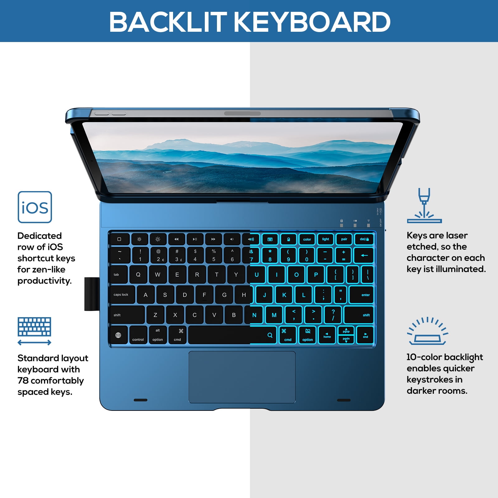 typecase Keyboard Case with Trackpad for iPad Air 11-inch (M4/M3/M2, 2026/2025/2024), Pro 11", Air 5 & 4, 360° Wireless Backlit Keyboard with Pencil Holder, Pacific Blue