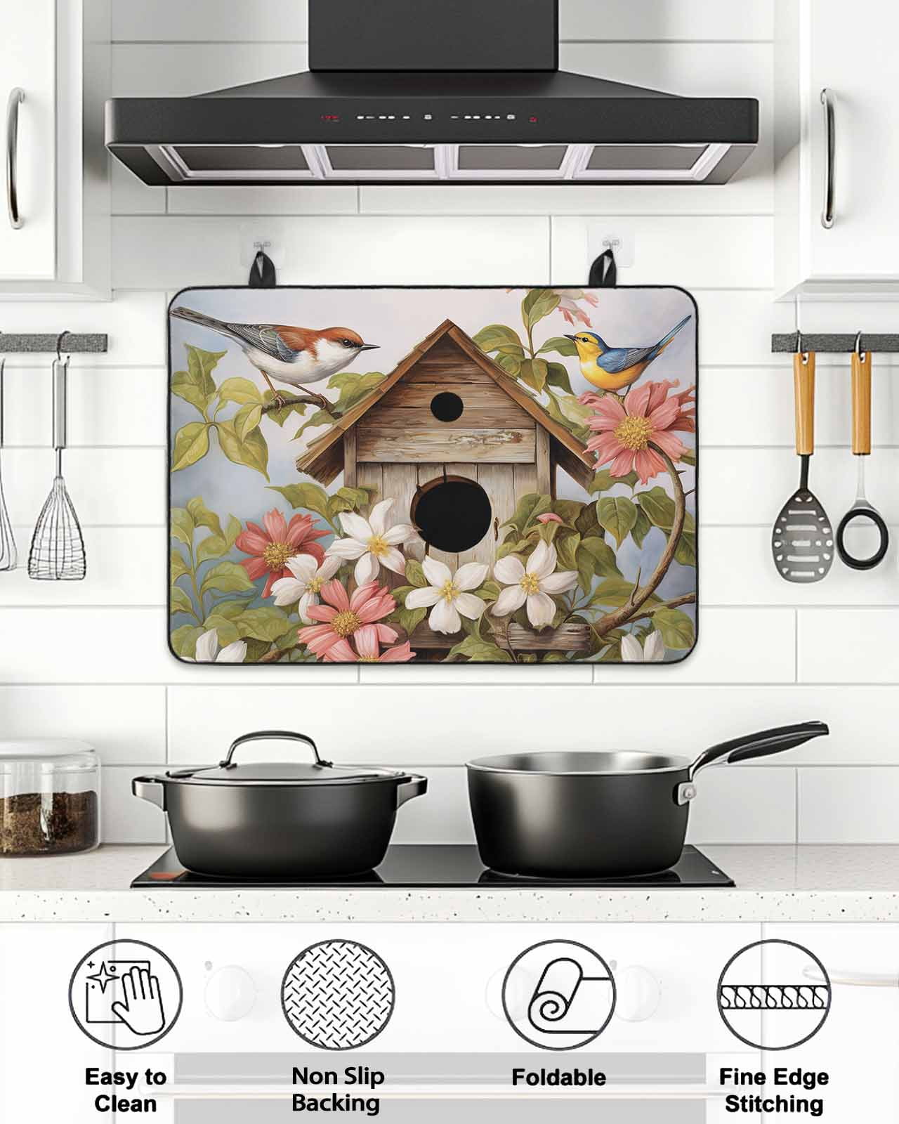 Stove Top Covers for Electric Stove, Birdhouse Vintage Glass Stovetop Cover Protector, Spring Floral Birds Botanical Induction Cooktop Protector Oven Mat for Kitchen Countertop 24"x21"