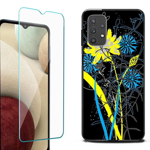 Slim-Fit Flexible TPU Gel Phone Case (black) for Samsung Galaxy A32 5G, with Tempered Glass Screen Protector, by OneToughShield ® - Wild Flowers
