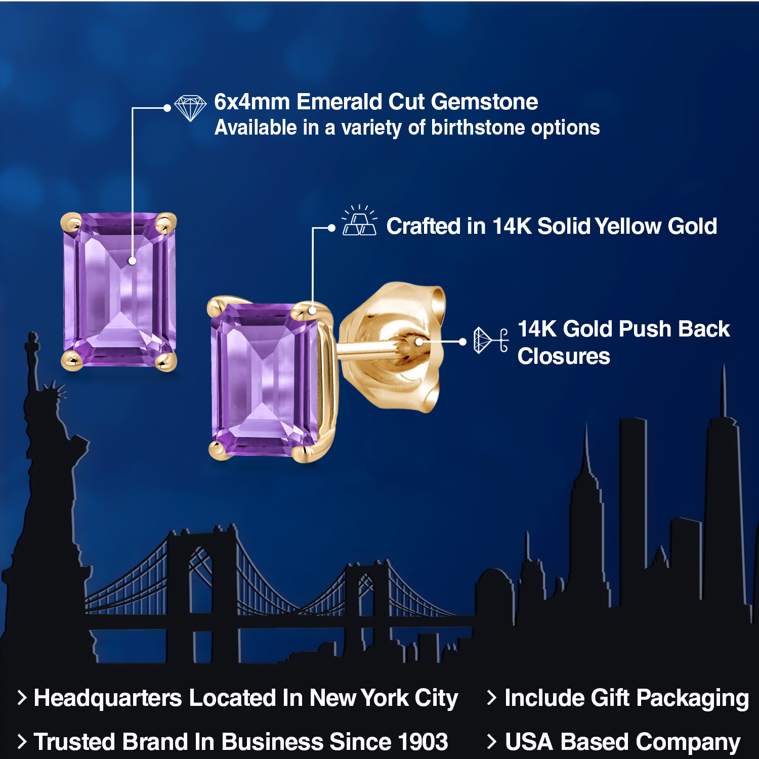 Gem Stone King 14K Yellow Gold Purple Amethyst Stud Basket Setting Earrings for Women Men | 1.04 Cttw | Gemstone February Birthstone | Emerald Cut 6X4MM | Double Notch | Gold Earrings for Women Men