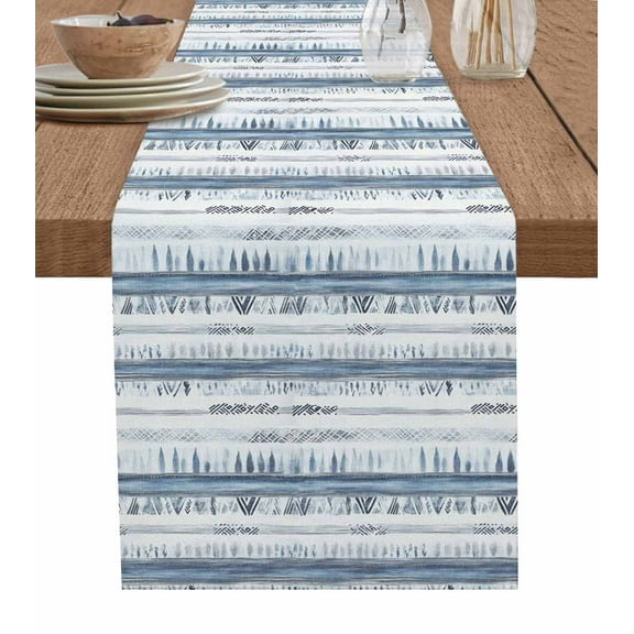 White Blue Stripe Burlap Cotton Table Runner 13x90 Inches Long, Abstract Modern Brush Vintage Farmhouse Table Runners, Outdoor Dining Tablecloths Decor for Baby Shower/Party/Wedding