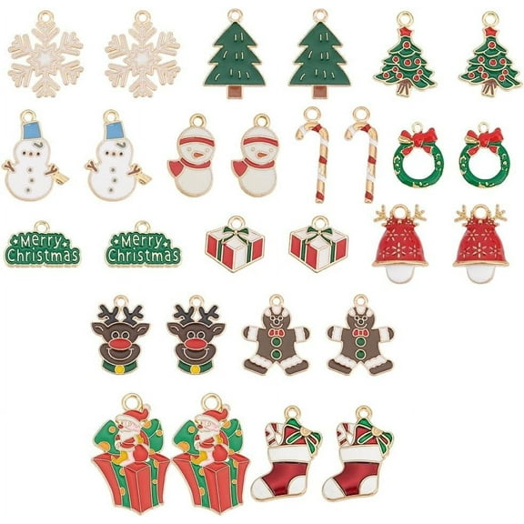 56Pcs 14 Style Christmas Style Alloy Enamel Pendants Candy Cane & Snowman & Tree & Wreath & Snowflake Mixed Color 12.5~33x9~20x1~5mm Hole: 1.6~3mm 4pcs/style