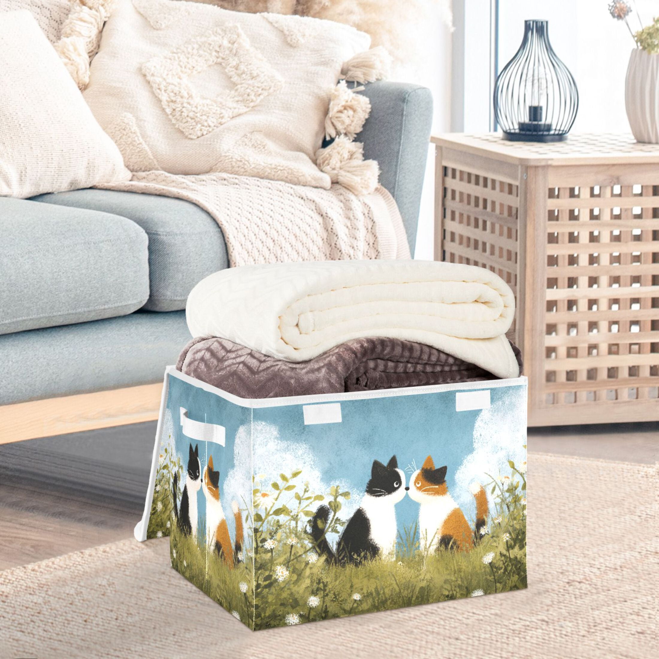 Valentine Cat Kiss Crayon Painting Foldable Storage Bins with Lids Handles Collapsible Storage Containers Tote Boxes 16.5 x 12.6 x 11.8 inches