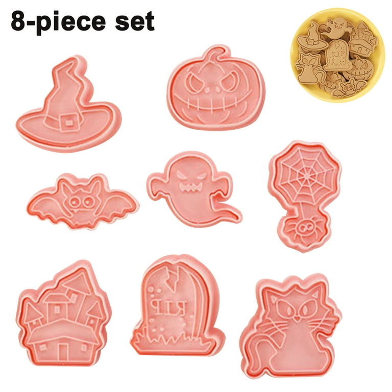 Halloween Cookie Cutters, 8 Style 3D Cartoon Pressable Biscuit Shapes  Mold-Pumpkin, Bat, Ghost, Spider, Witch Hat, Cat， Tombstone, Castle Cookie