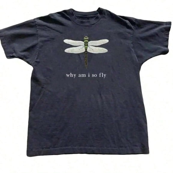 【New Arrival】Unisex Dragonfly Graphic T-Shirt, "Why Am I So Fly" Slogan Crew Neck White Vintage Casual Short Sleeve Top