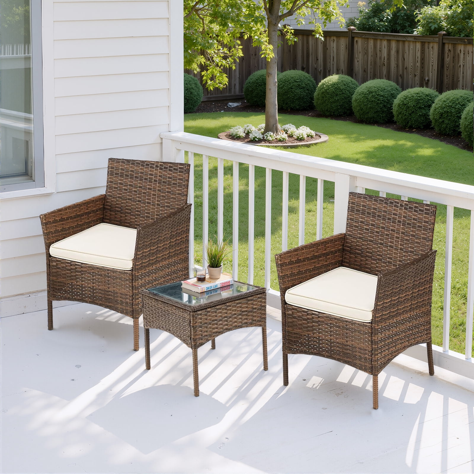 Simenmax Patio Furniture Set 3 Pieces, Outdoor Wicker Furniture with Coffee Table, Modern Rattan Patio Chairs Conversation Sets with Sofa for Garden, Terrace, Porch, Balconies, Lawns, Brown