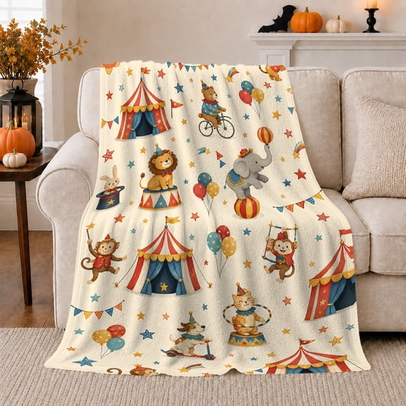 Circus Animals Performing with Tents, Cheerful Vintage Style for Kids, Trapeze Balloon Parade Scene, Cozy Flannel Blanket for Playroom and Nursery, Birthday Gift and Circus Home Decor