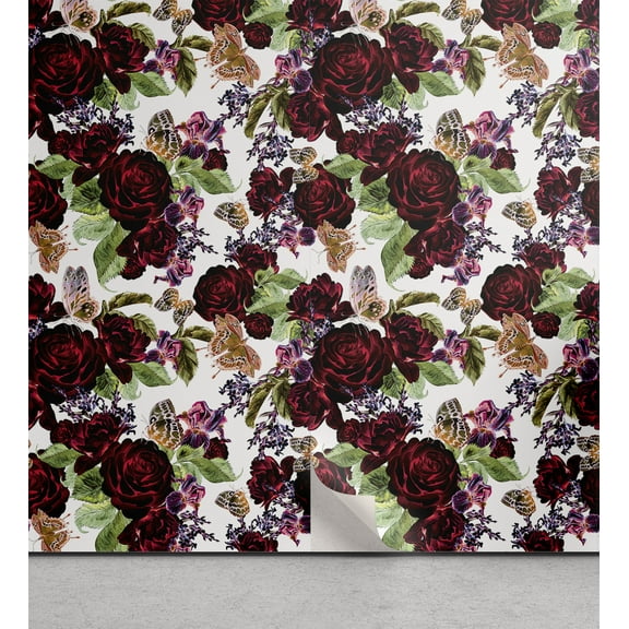 Ambesonne Floral Peel & Stick Wallpaper for Home, Retro Flowers and Butterfly, 13"x100", Burgundy Green and Red