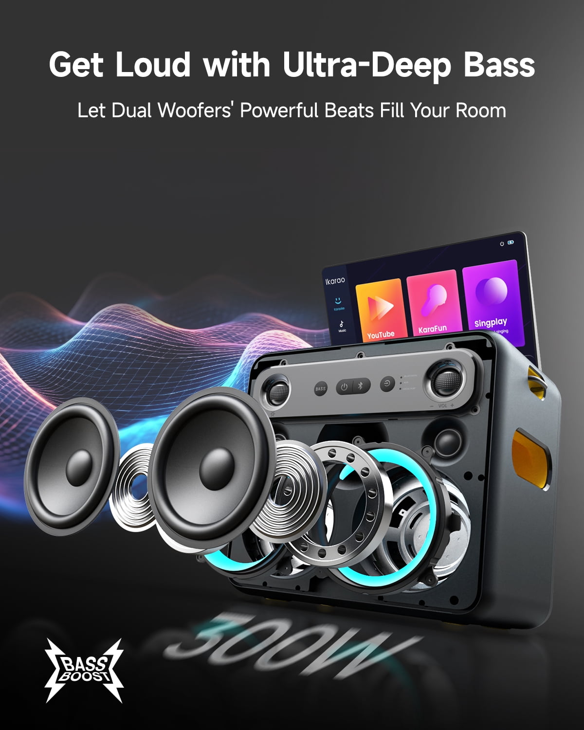 Ikarao Smart Karaoke Machine for Adults with Screen Lyrics Display, 2 Wireless Mics, Portable Bluetooth Speaker for Music Party