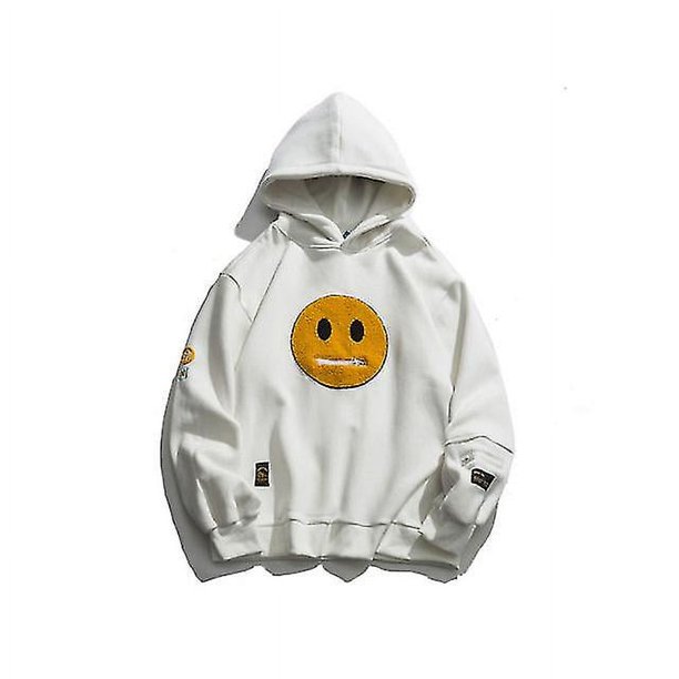Smiley Patch Sudadera con capucha para hombre Hip Hop Athleisure Pullover Jacket Top para hombre con bolsillos laterales con cremallera
