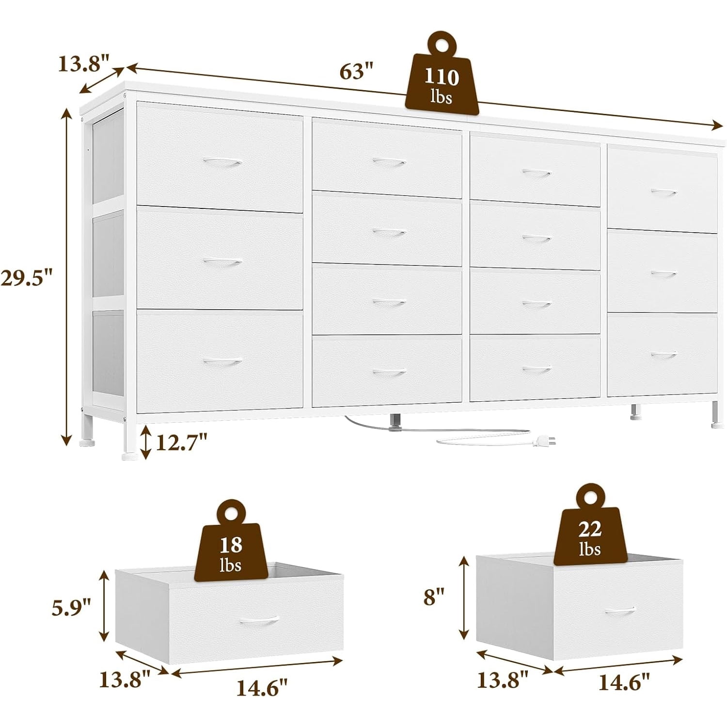 M optimized 63" Dresser for Bedroom, TV Stand for 65 70 75 inch TVs, 14 Drawer Dresser with Power Outlets, Large Long Fabric Dresser Entertainment Center