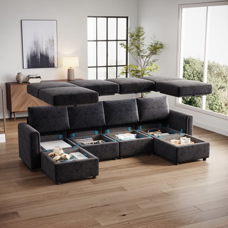 LINSY HOME Modular Couches and Sofas Sectional with Storage, 6 Seat Sectional Sofa for Living Room, U Shaped Sectional Couch with Reversible Chaises, Black Chenille
