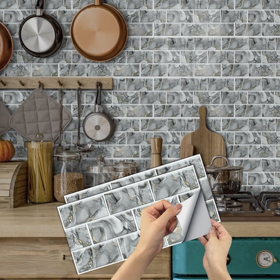 6Pcs Gray Gold Marbling Tile Stickers 11.8x5.9inch DIY Wall Decals Mosaic Brick Peel and Stick Backsplash Waterproof Vinyl Wallpaper