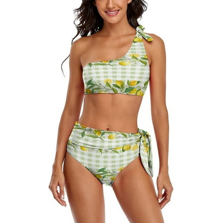 Lemon Green White Plaid One Shoulder Bowknot Swimsuit Two Piece Swimsuit Knot Crop Top Bikini High Waisted Bathing Suit