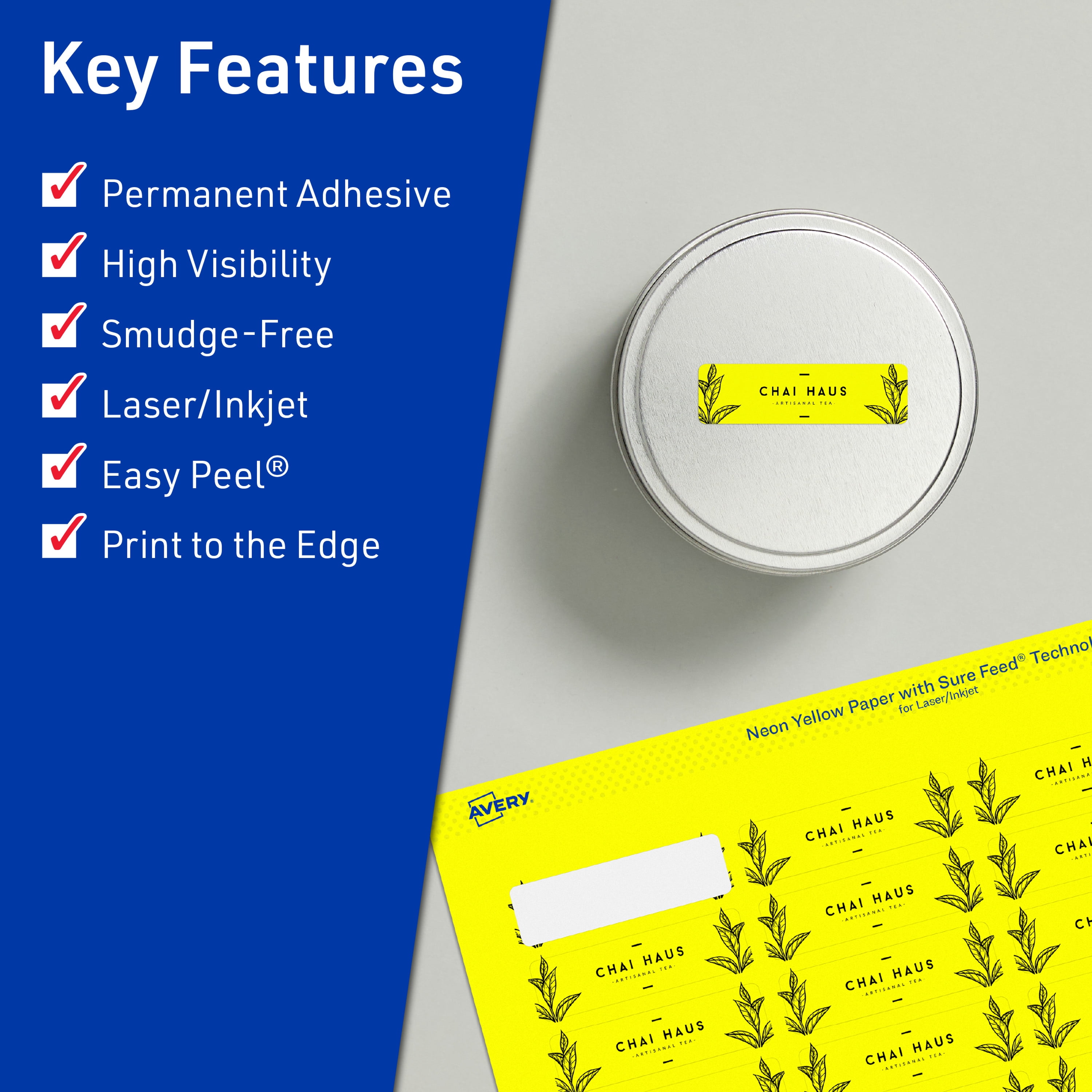 Avery Printable Rectangle Labels, Neon Yellow, 1" x 1.5", 640ct