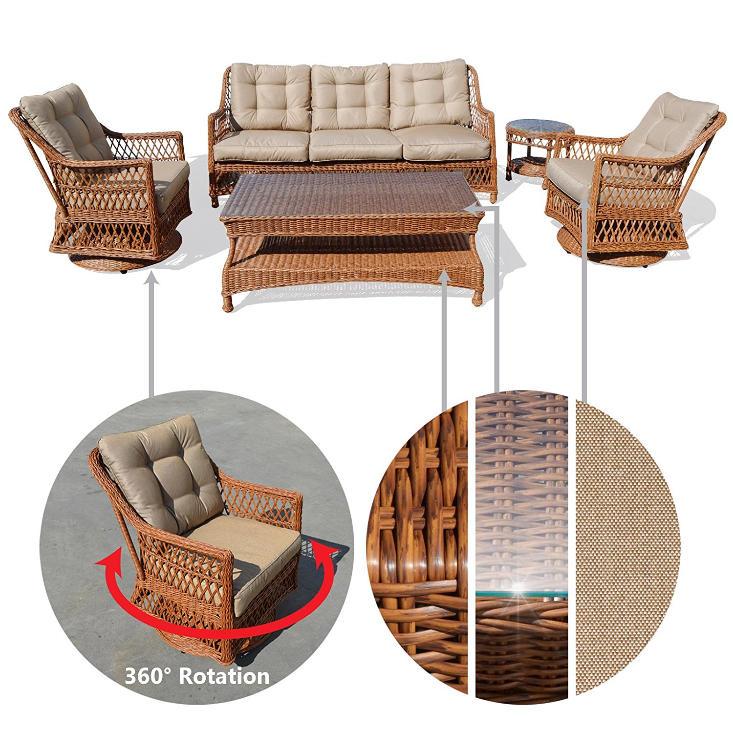 Sunny 5pc Wicker Rattan Table Chair Patio Sofa Furniture Set with Cushions Outdoor Garden W/ 3 Swivel Revolving Chairs and 2 Tables
