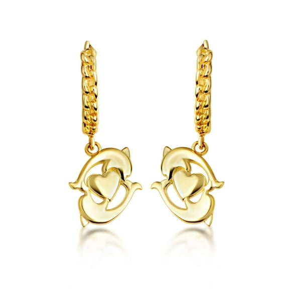 Yellow Gold Dolphin Heart Cuban Link Huggie Earrings (10K)