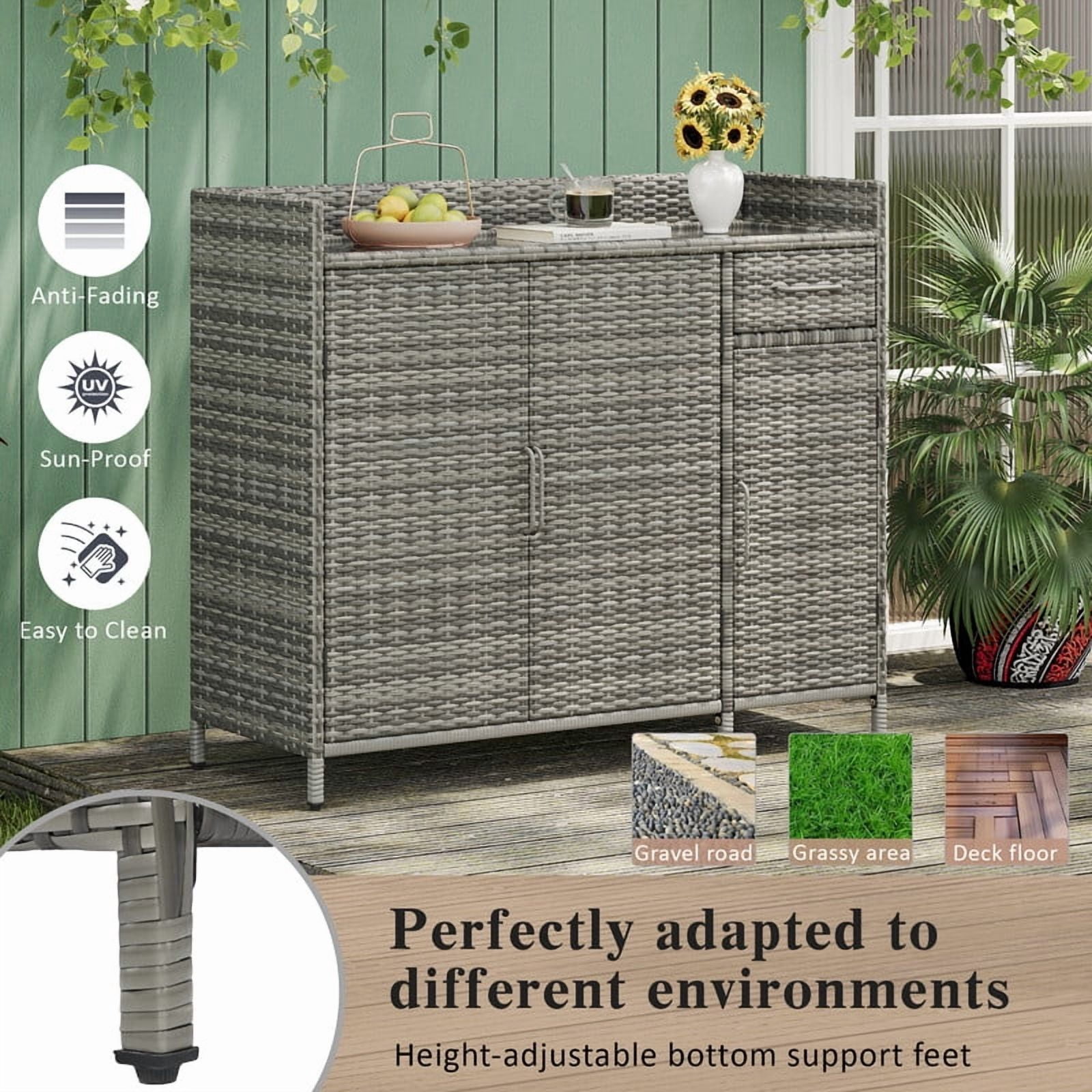Wicker Outdoor Kitchen Island with Tempered Glass Desktop and Adjustable Shelf, Rattan Bar Table Storage Cabinet with 1 Drawer and 3 Doors