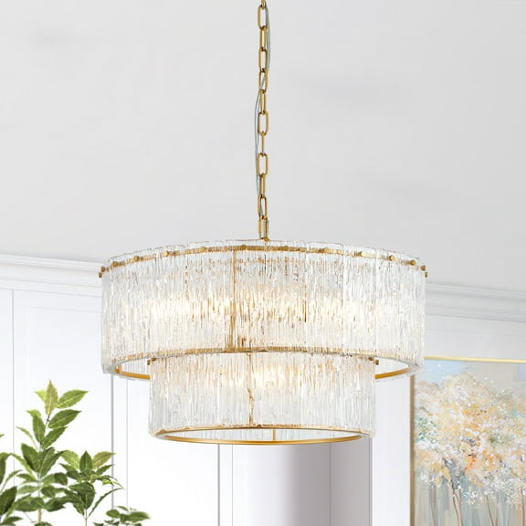 KAWOTI 5-Light Pendant Light Painted Gold Modern 2-Tiered Chandelier with Textured Glass Shade