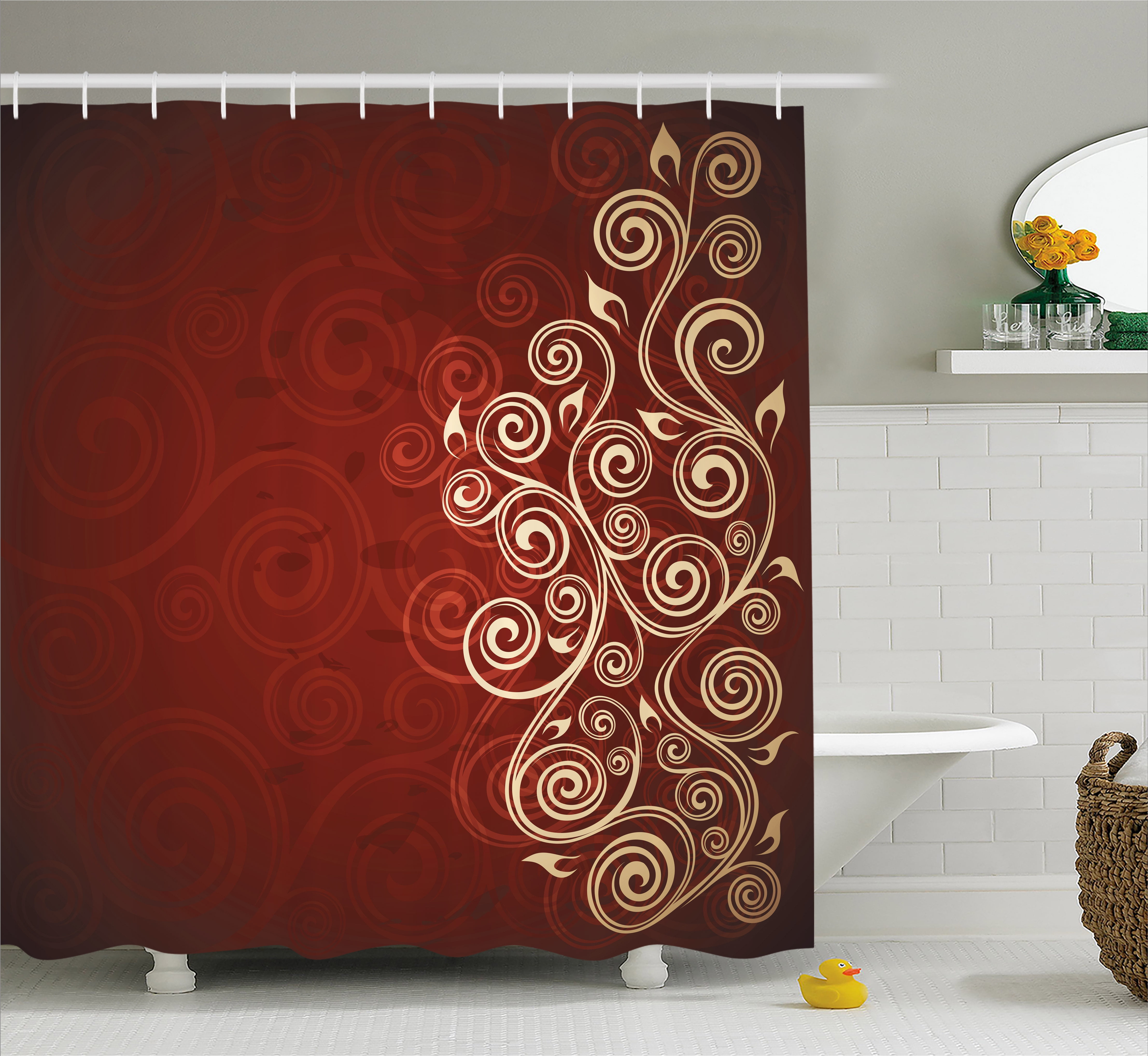 Burgundy Shower Curtain, Floral Flower Swirl Ivy Image with Ombre