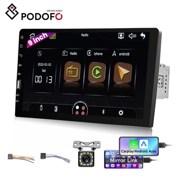 Podofo 9'' Universal Single Din Touch Screen Car Stereo with Wired CarPlay Android Auto Mirror Link Backup Camera   Mic
