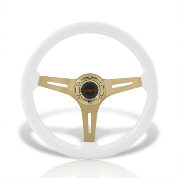 AJP Distributors Universal 350mm 14" 6 Bolts Hole Heavy Duty Steel Steering Wheel White Wood Grain Gold Deep Dish 3 Spokes Light Weight w/ Horn Button Replacement JDM VIP Sport Grip