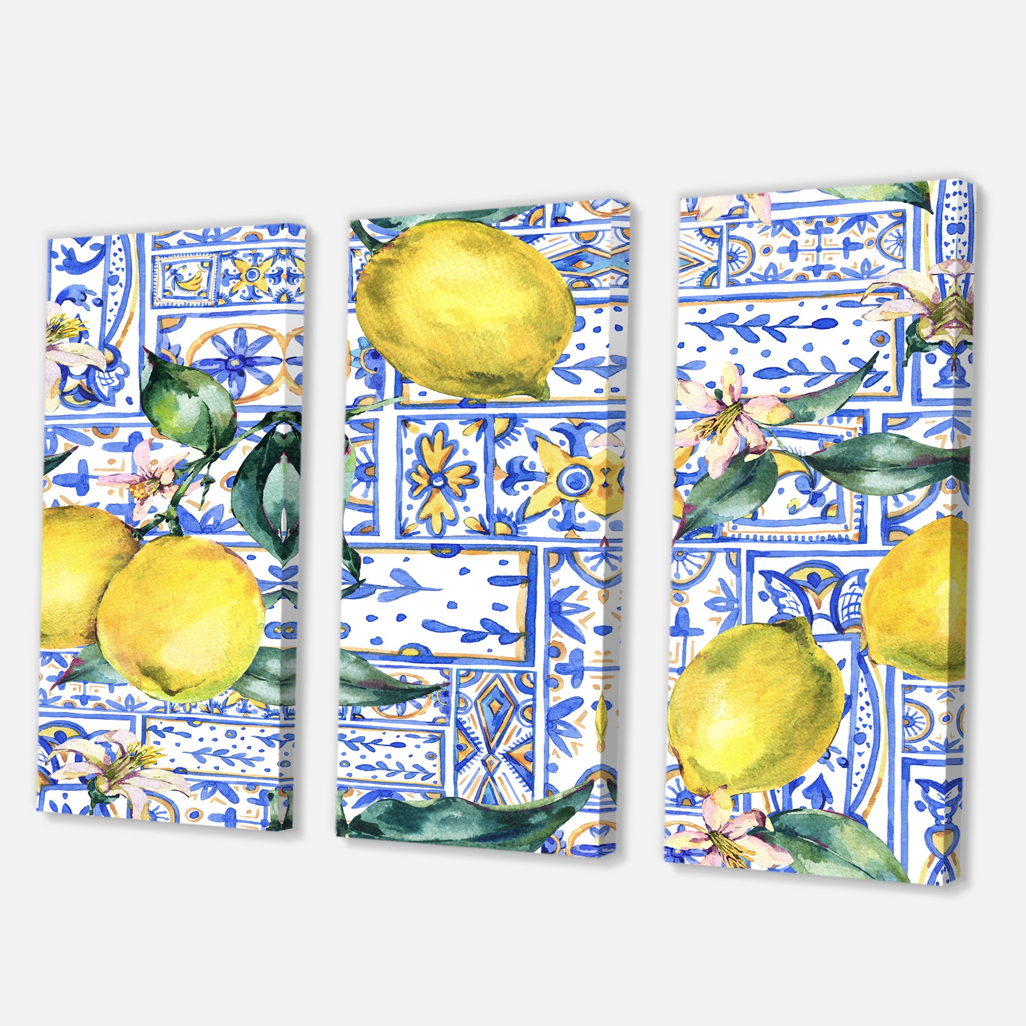 Designart ' Geometrical Pattern of Lemon Ornament On Blue I ' Tropical Canvas Wall Art Print