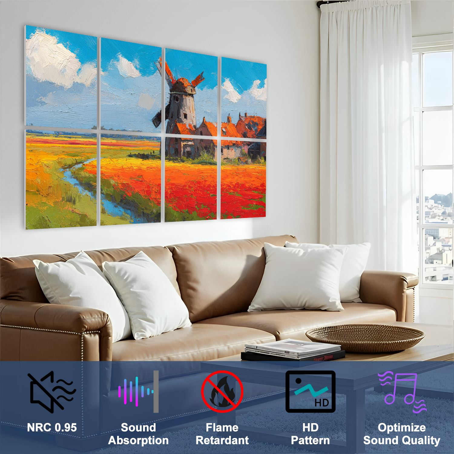 Windmill 8 Pack Art Acoustic Panels Sound Absorbing Dutch Countryside Oil Painting Tulip Fields Windmill Decorative Soundproof Wall Panels Self Adhesive for Nursery Game Room Bedroom 48"x32"