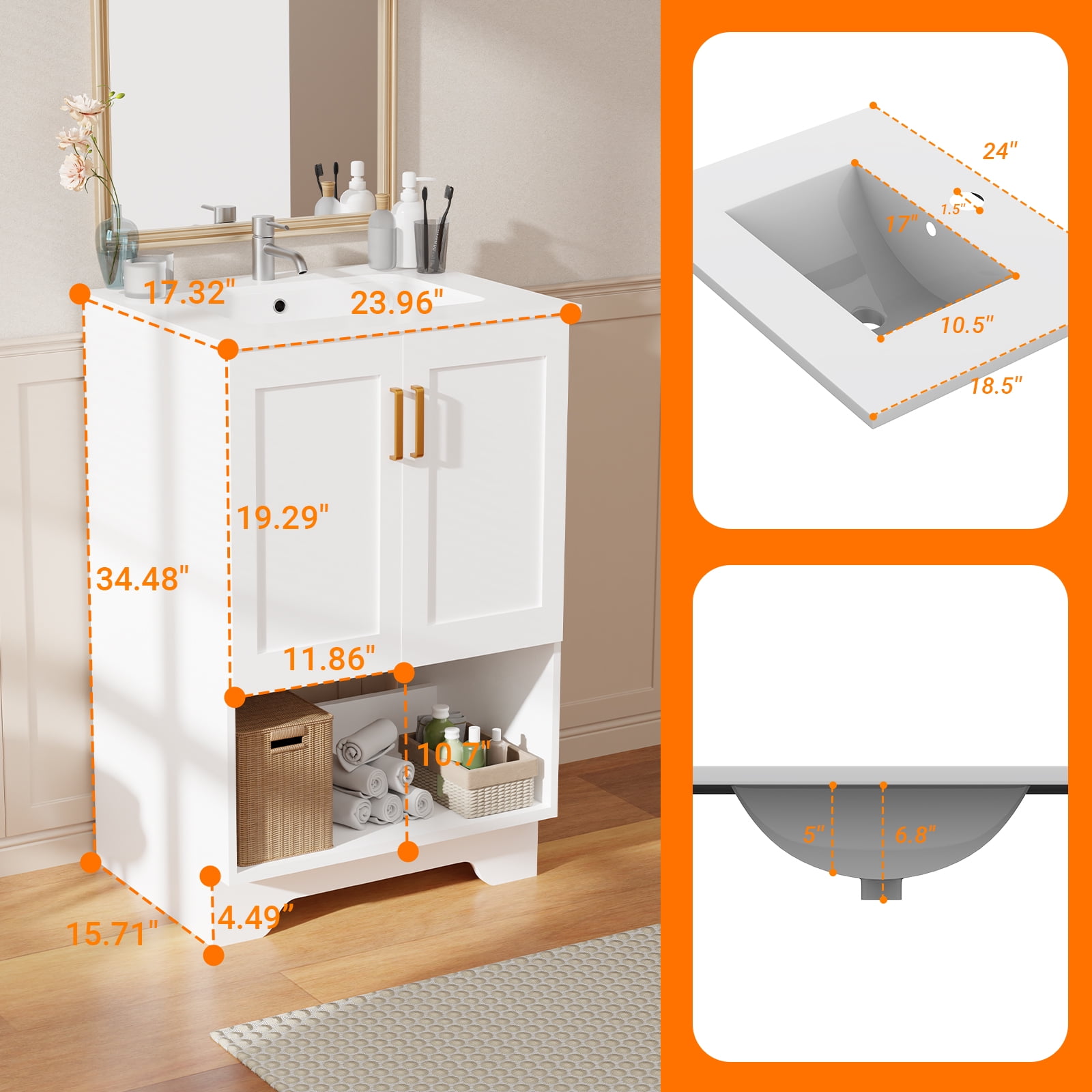 KZElegy 24 Inch Modern Bathroom Sink Cabinet Freestanding Vanity with Sink,2 Soft-Close Doors & 1 Open Shelf,Bathroom Storage Cabinet,White