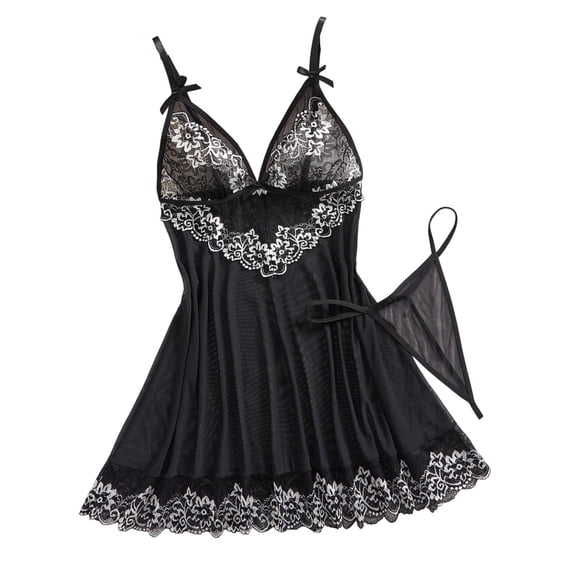 Plus Size Women's Lace Trim Sheer Babydoll Lingerie Sexy Plus Size Nightgown with Bow for Romantic Evenings