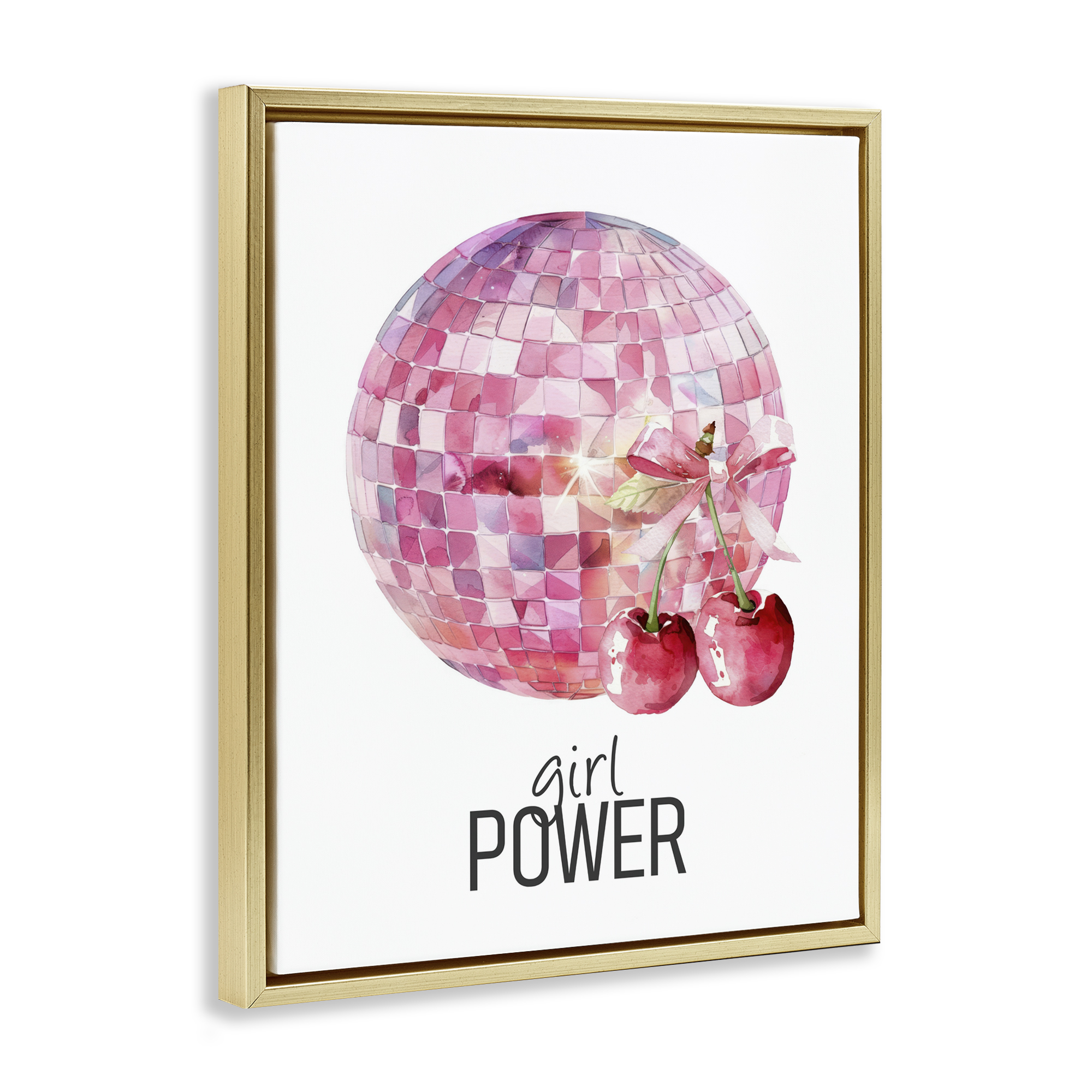 Girl Power Disco Cherries Gold Framed Floater Canvas Wall Art, design by Kim Allen