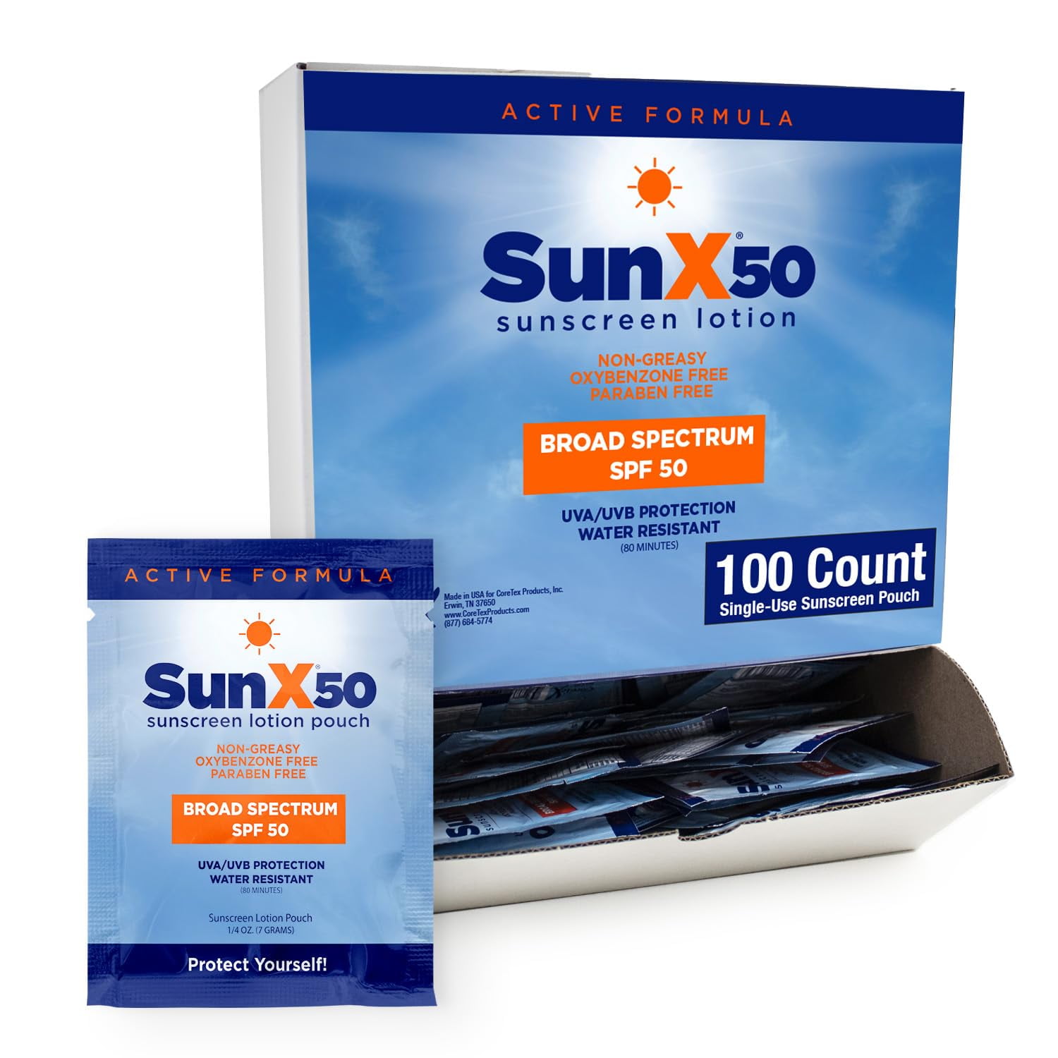 Protector solar CoreTex Sun X 50 SPF, tamaño de viaje, 100 paquetes ...