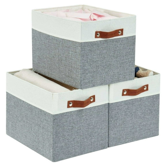 DECOMOMO Fabric Storage Baskets 13" x 15" x 13" Collapsible Storage Bins (Grey and White, Set of 3)