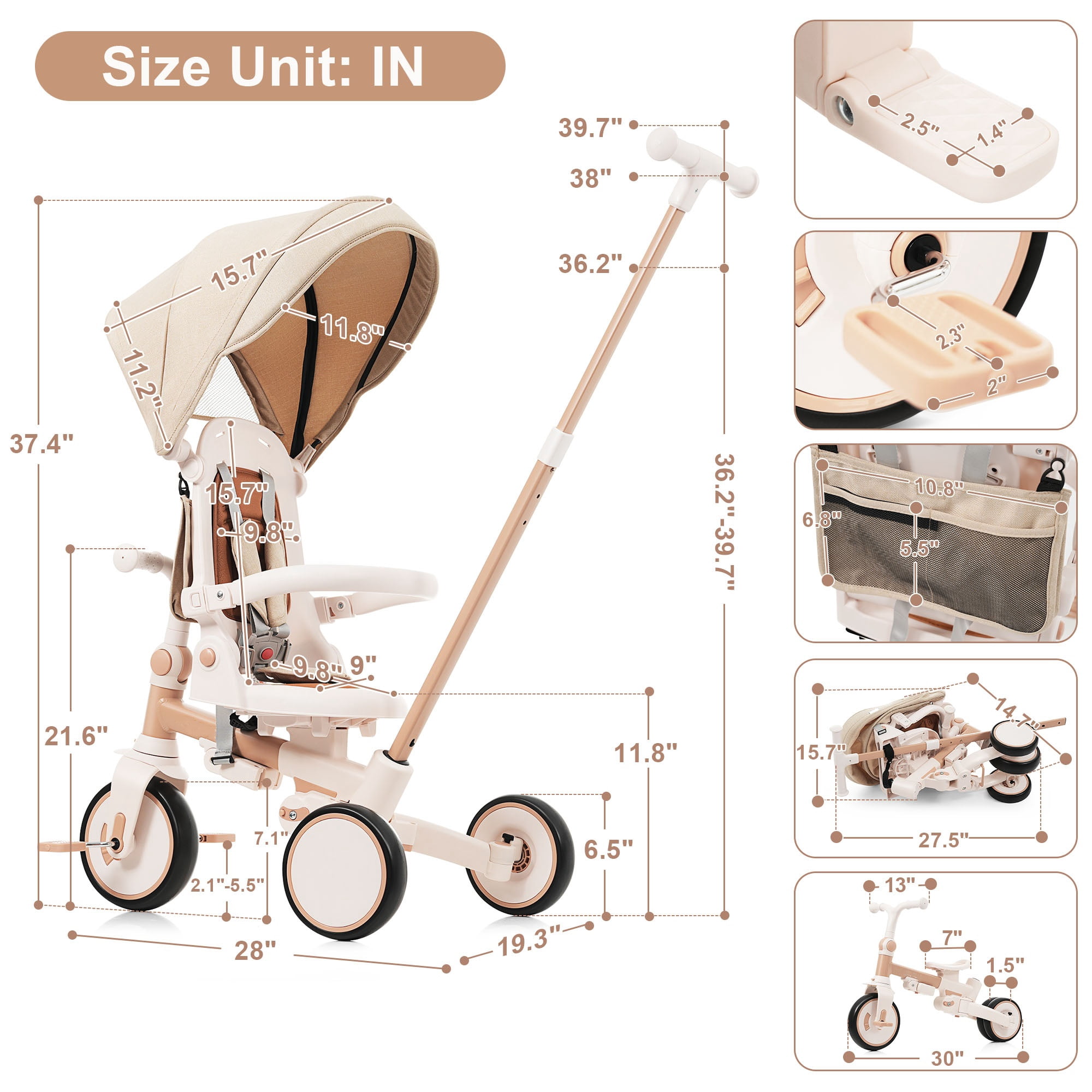 7-in-1 Baby Tricycle 1-6 Years Aluminum Frame with Canopy Push Handle 5-Point Harness for Kids Outdoor Ride