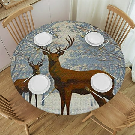

SHERONV Deer Snow Trees Round Tablecloth Elastic Edge Washable 38 -42