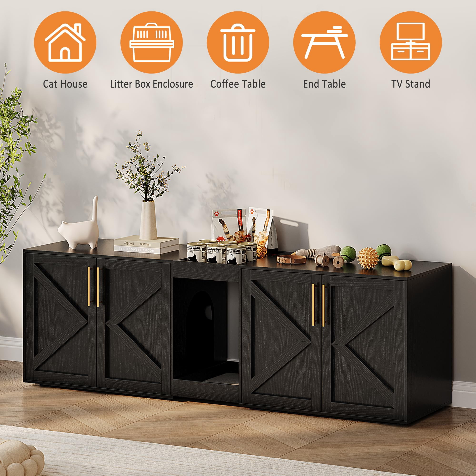 55" Large Cat Litter Box Enclosure for 2 Cats,Litter Box Enclosure with Double Cage,Hidden Cat Litter Box Furniture with Double Room and Cushion,Wooden Kitty Litter Box Cabinet Furniture,Cat House