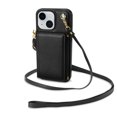 thumbnail image 5 of for iPhone 13 Case, PU Leather Crossbody Wallet Case with Card Holder, Kickstand, Magnetic Clasp Folio Zipper Purse, Adjustable Removable Strap, Protective Back Cover, Black, 5 of 7