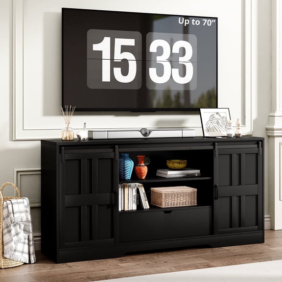 TV Stand for 65 Inch TV, Mid-Century Modern Sliding Barn Door Entertainment Center With Storage Cabinets, TV Console Table, Black