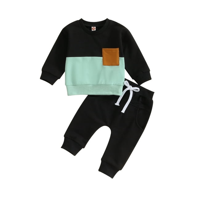 ZAXARRA Vêtements pour Bébé Garçon Ensemble Chandail en Molleton Col Rond Contrasté et Pantalon Long Couleur Unie 2 Pcs Tenues d'Automne