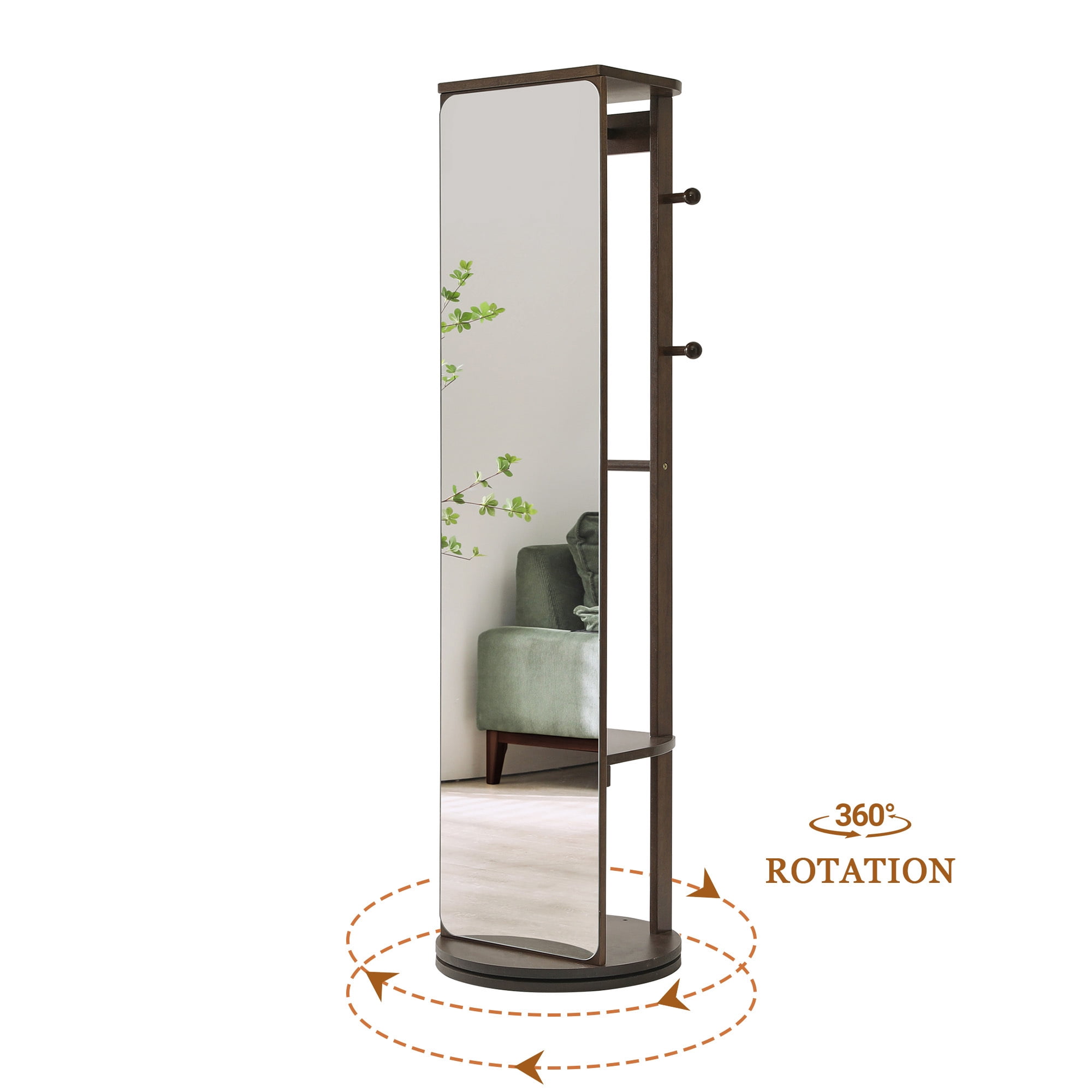 Leumius Rotating Full-Length Mirror Cabinet,360° Swivel Wood Jewelry Armoire with Hooks & Shelves for Bedroom/Closet