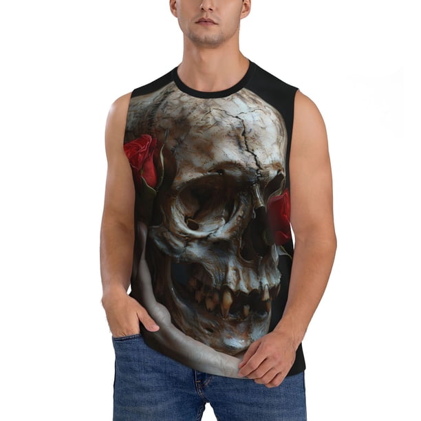 Fotbe Realistic Rose Skull Men's Camiseta sin Mangas Estampada para Hombres, Playera Casual para Gimnasio, Entrenamiento, Playa-3X-Large